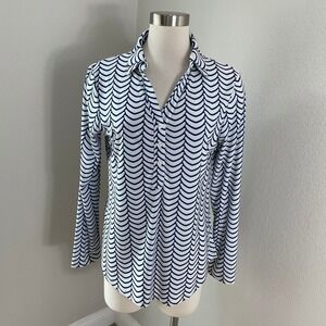 Lesley Evers Womens Large Navy White Scallop Print Henley Blouse Long Sleeve